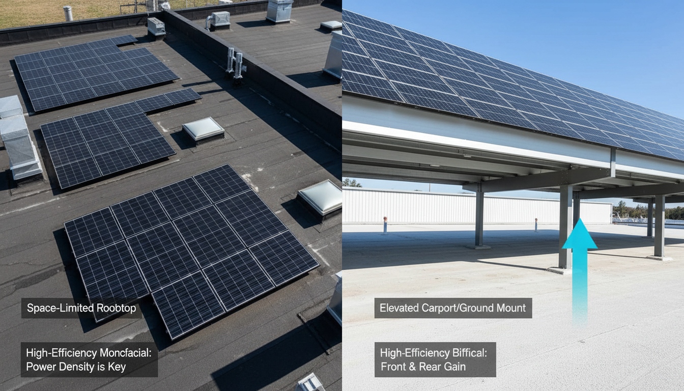 Comparison of space-limited rooftop solar and elevated bifacial solar installation for commercial PV module selection